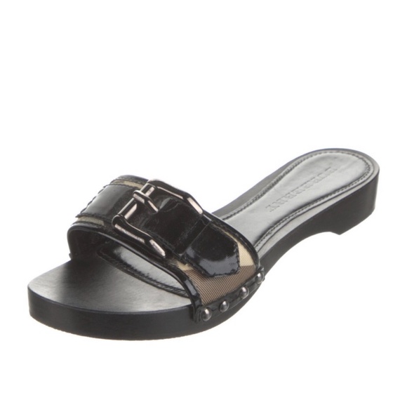 Burberry Patent Leather Plaid Print Slides IT 37 - Picture 2 of 5